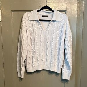 Elegant V-Neck Cable Knit Sweater in Light Blue